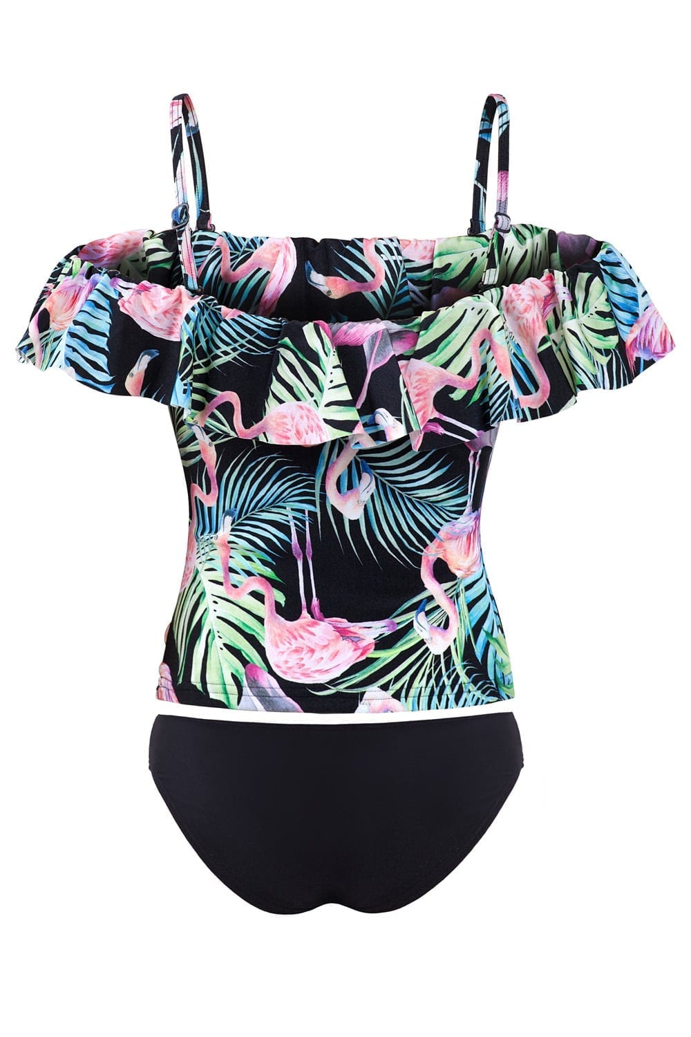 Womens Flamingo Forest Frill Tankini (Black)