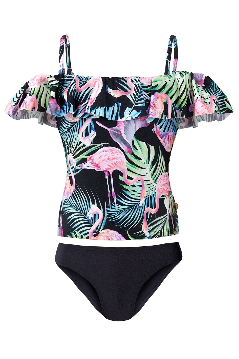 Womens Flamingo Forest Frill Tankini (Black)