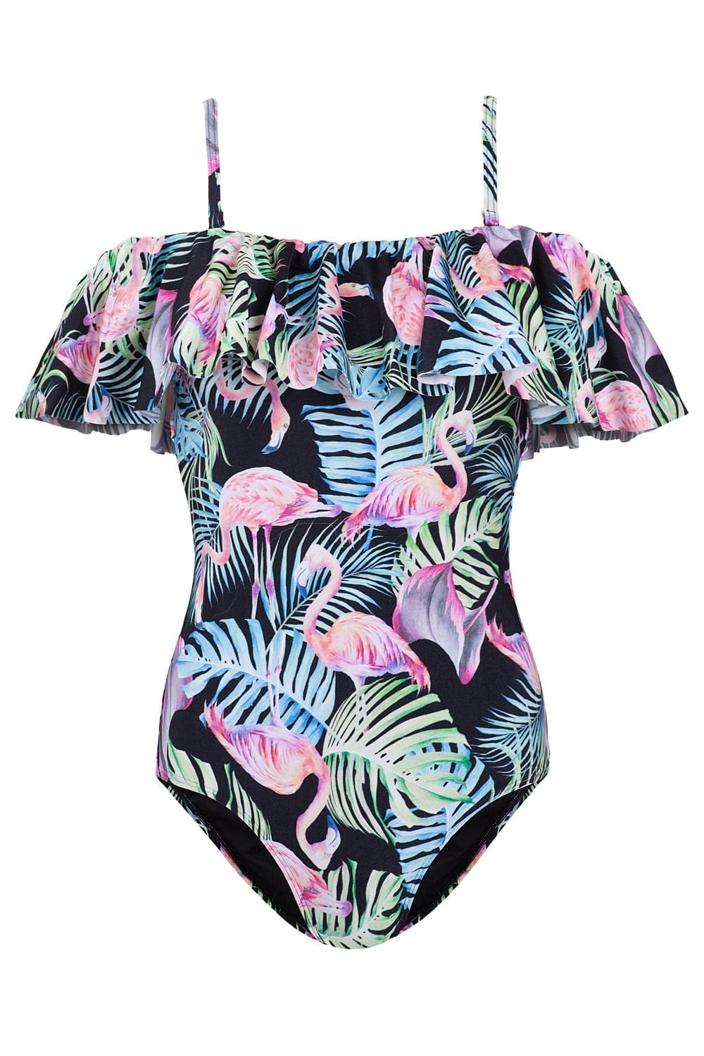 Womens Flamingo Forest Frill One Piece (Black)